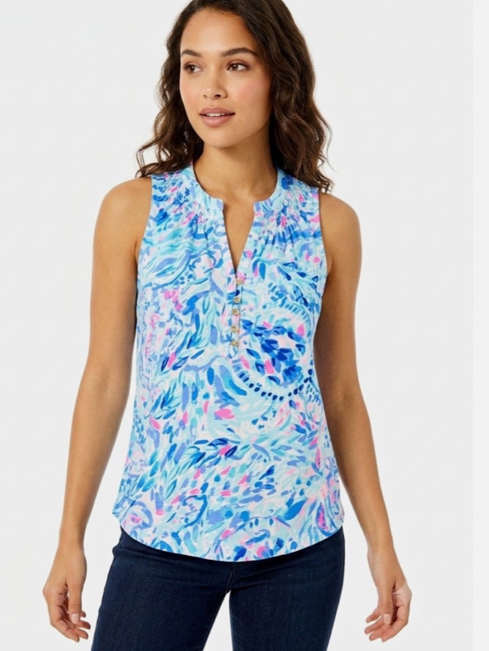 Lilly Pulitzer Blue & Pink Sleeveless Split-Neck Tank
